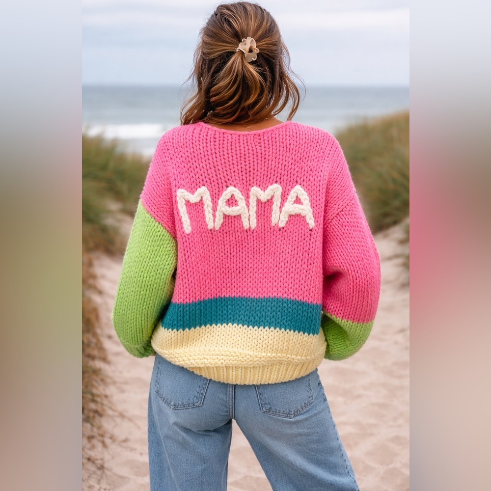 MAMA Chunky Braided Knit Open Color Block Pocket Cardigan Sweater Bubble Sleeve